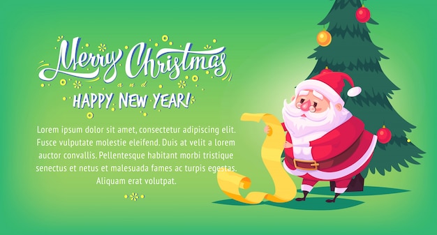 Cute cartoon Santa Claus reading gift list Merry Christmas  illustration Greeting card poster horizontal banner.