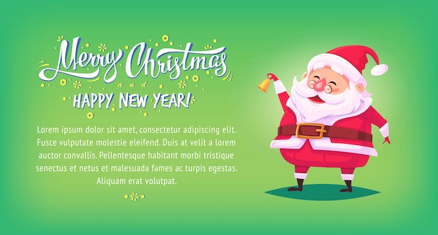 Cute cartoon Santa Claus ringing bell and smiling Merry Christmas  illustration Greeting card poster horizontal banner.