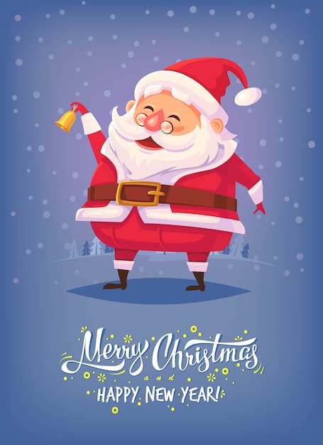 Cute cartoon Santa Claus ringing bell and smiling Merry Christmas  illustration Greeting card poster