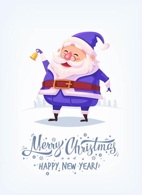 Cute cartoon Santa Claus wearing blue costume ringing bell and smiling Merry Christmas illustration