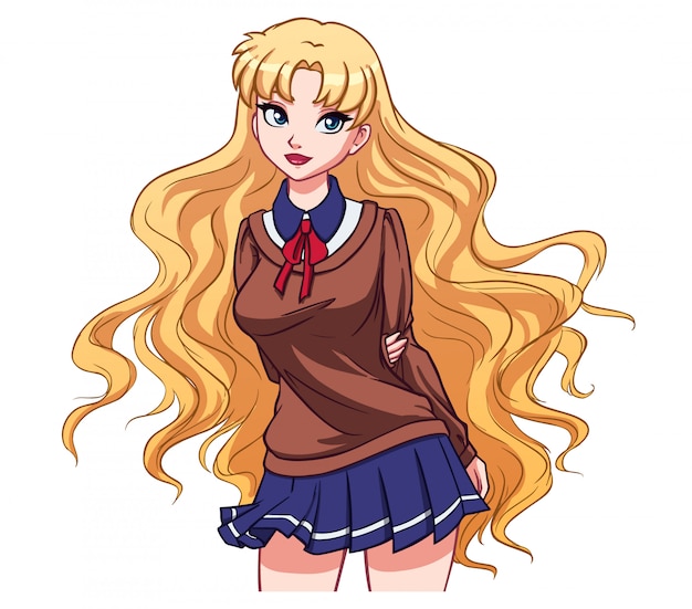 Cute cartoon school girl with wavy blonde hair and big blue eyes. Hand drawn vector illustration. Isolated.