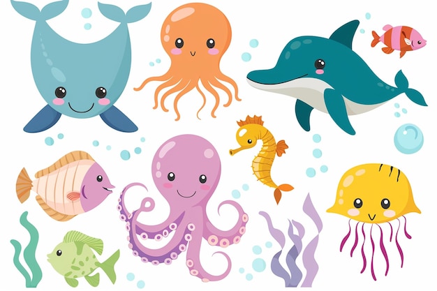 Vector cute cartoon sea animals clipart set