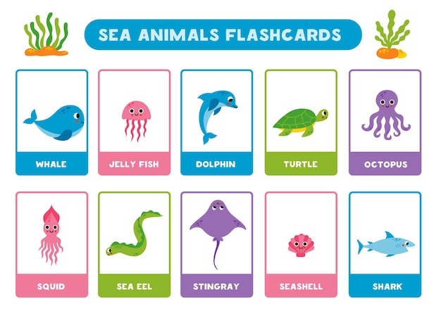 Cute cartoon sea animals with names Flashcards for learning English