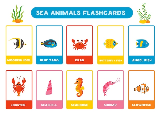 Cute cartoon sea animals with names Flashcards for learning English