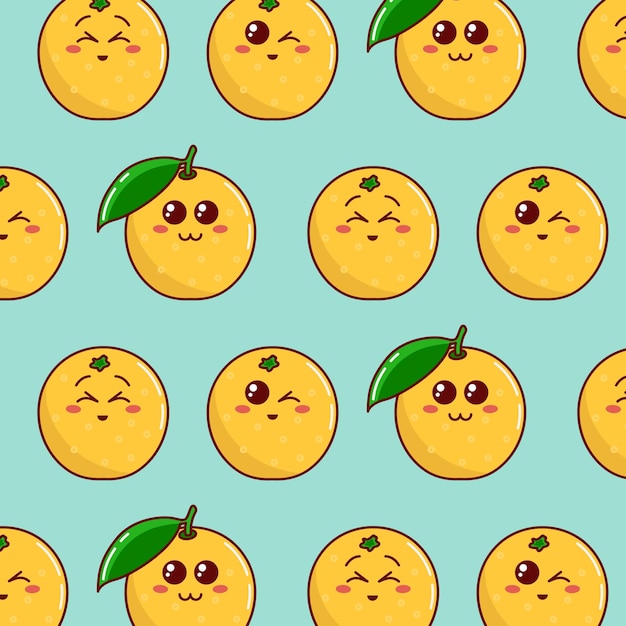 Cute cartoon seamless pattern with oranges. Cartoon oranges with different emotions.