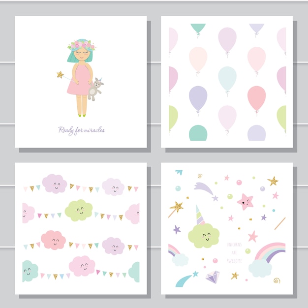 Cute cartoon seamless patterns and templates set.