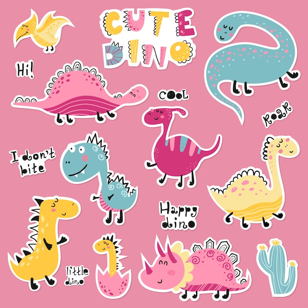 Cute cartoon set of dino stickers