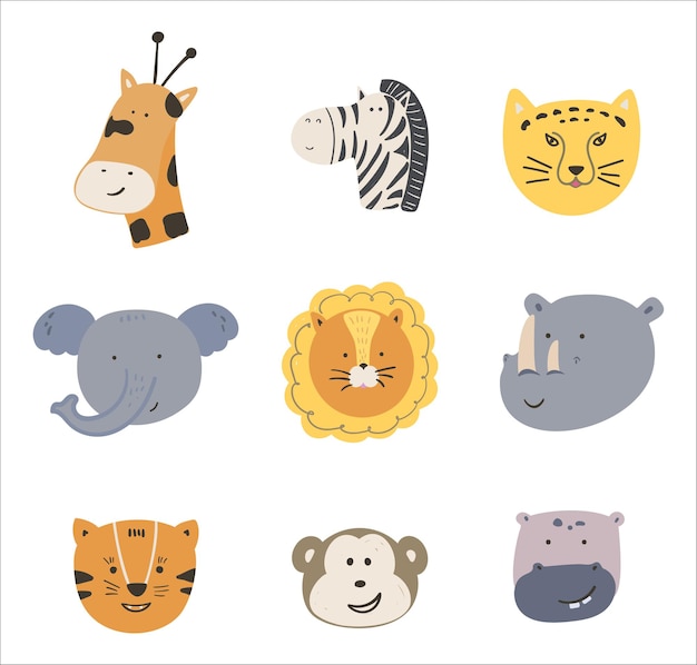 Cute cartoon set of wild african animals faces. Vector hand drawn animals heads illustration. Ideal for kids fabric, nursery. Giraffe, elephant, lion, tiger and others isolated on a white background.