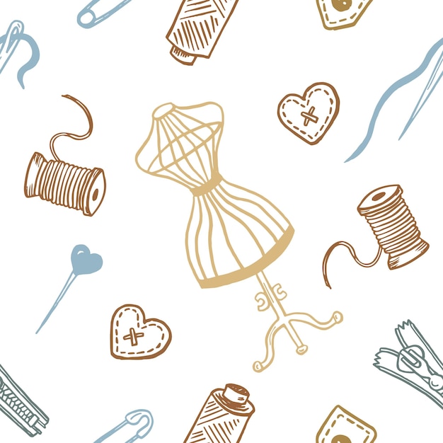 Cute cartoon Sewing tools seamless pattern Zipper needle and thread for fabric textile