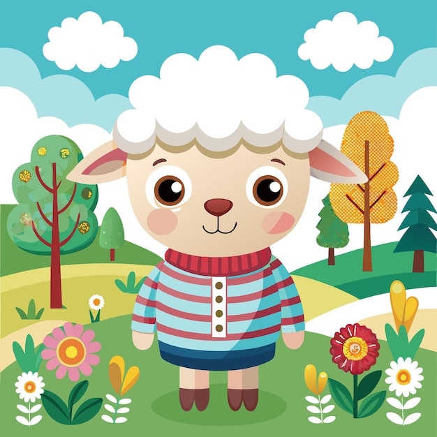 Vector a cute cartoon sheep in a colorful landscape with flowers and trees