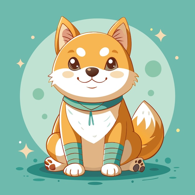 Vector a cute cartoon shiba inu dog wearing a blue bandana and wristbands sitting against a turquoise background with a white circle and sparkles