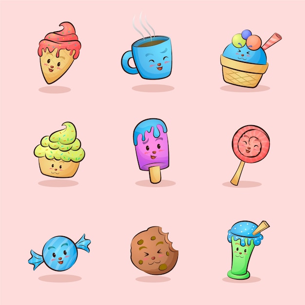 Cute cartoon snack food ice cream cookie cake candy beverage illustration set