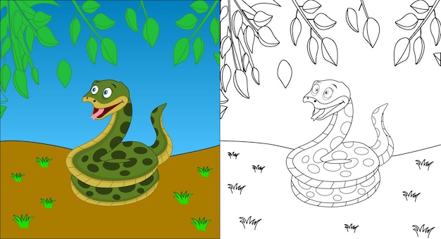 Cute cartoon snake coloring page with line art vector illustration