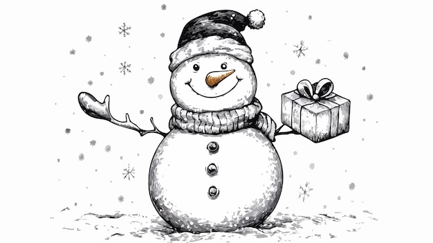 Vector cute cartoon snowman drawing in black and white