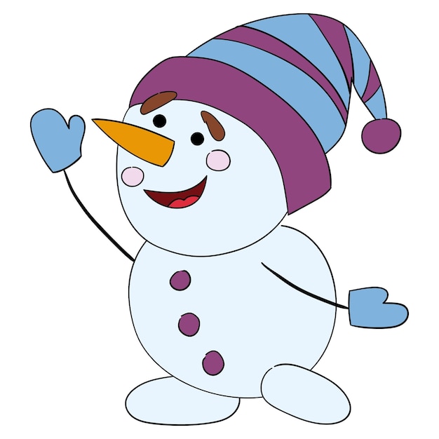 Cute cartoon snowman in a hat Vector illustration on a white background