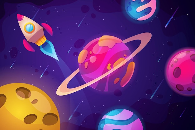 Cute Cartoon space background with colorful planet