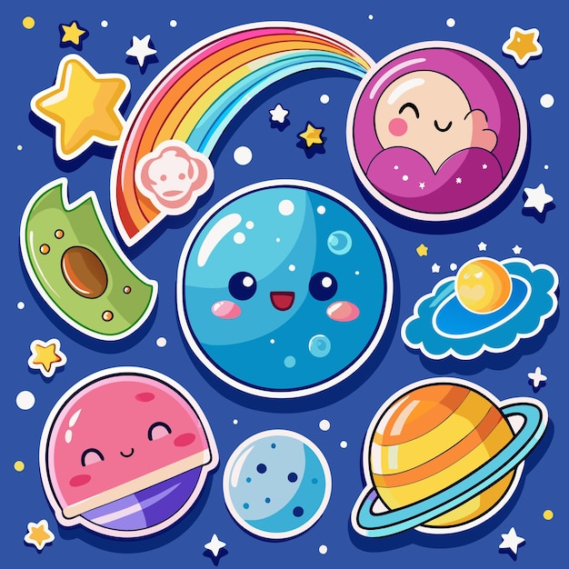 Vector cute cartoon space planets with rainbow and stars in night sky