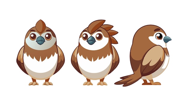 Cute cartoon sparrow character in three different poses on white background