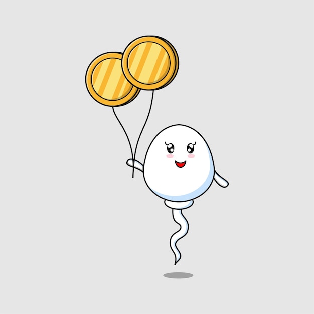 Cute cartoon sperm businessman floating with gold coin balloon cartoon vector illustration