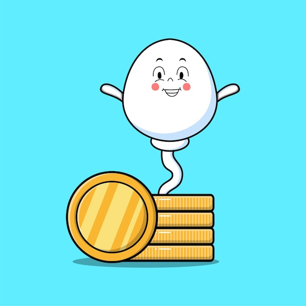 Cute cartoon sperm character standing in stacked gold coin vector illustration in flat cartoon style