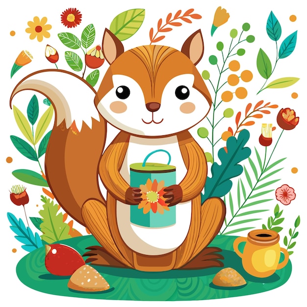 Vector a cute cartoon squirrel holding a flower pot in a garden setting with flowers and leaves