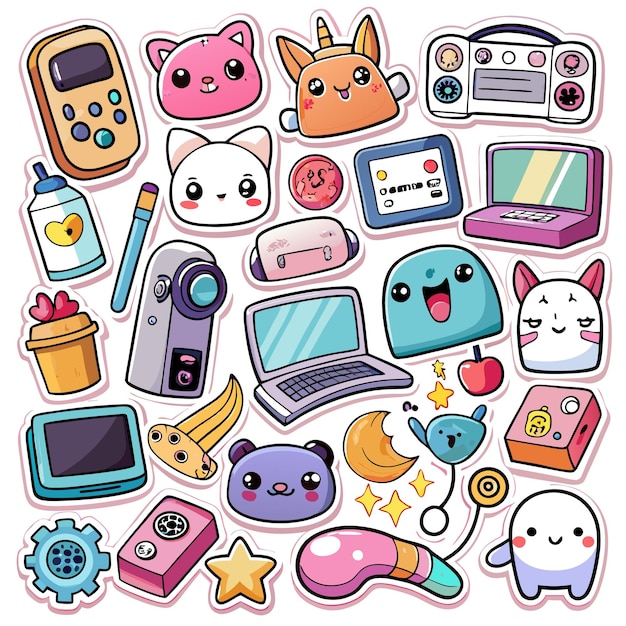 Cute cartoon sticker pack with funny characters and objects