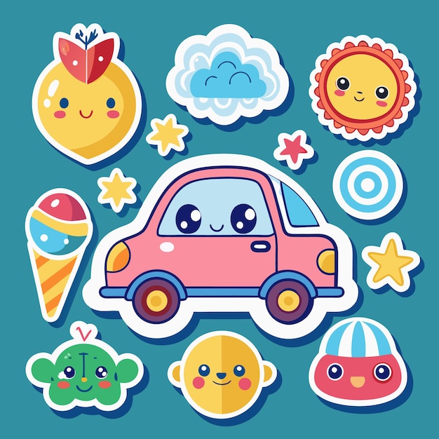 Vector cute cartoon sticker set with a car sun ice cream cone and other characters