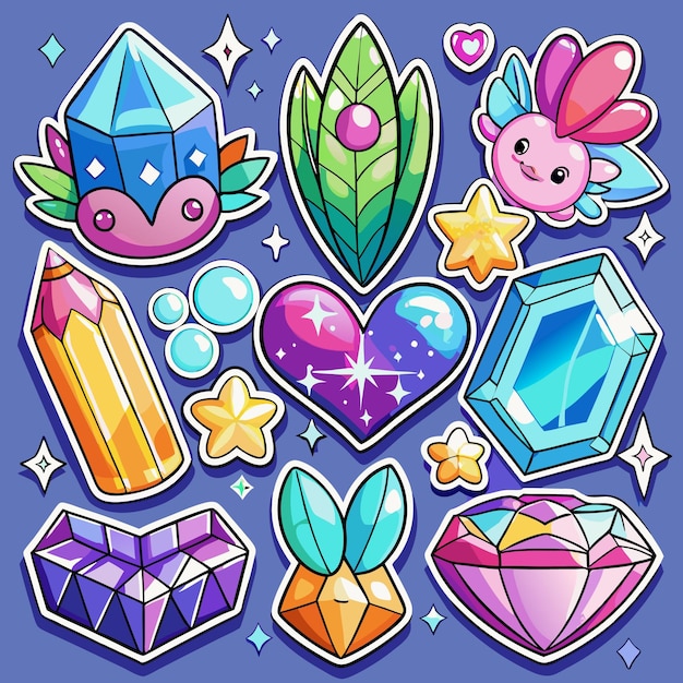 Cute cartoon sticker set with gems hearts stars and a pencil on a purple background