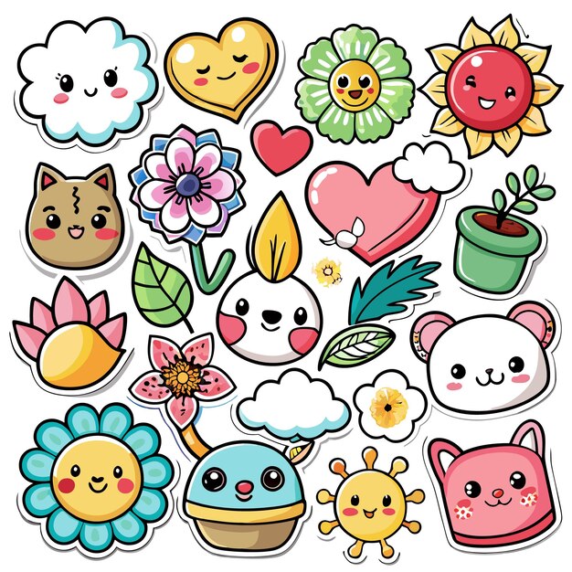 Vector cute cartoon stickers of animals flowers and hearts with kawaii faces