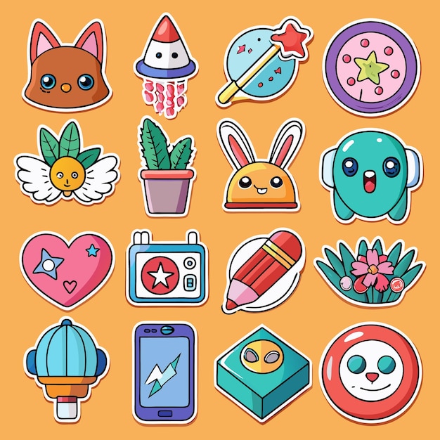 Vector cute cartoon stickers animals plants objects and more