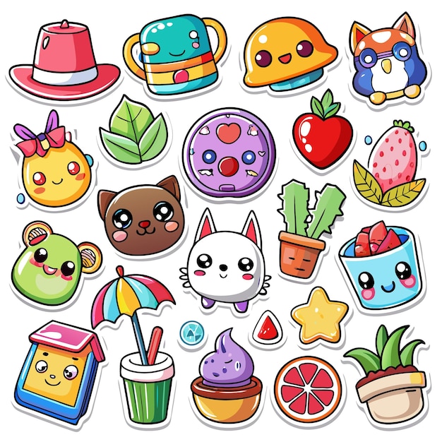 Vector cute cartoon stickers collection with a variety of characters and objects perfect for adding a touch of fun to any project