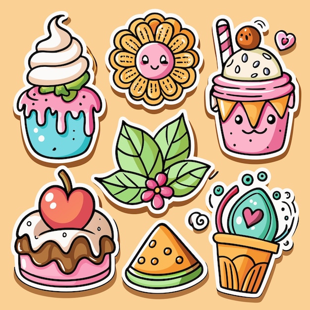 Cute cartoon stickers of desserts flowers and watermelon