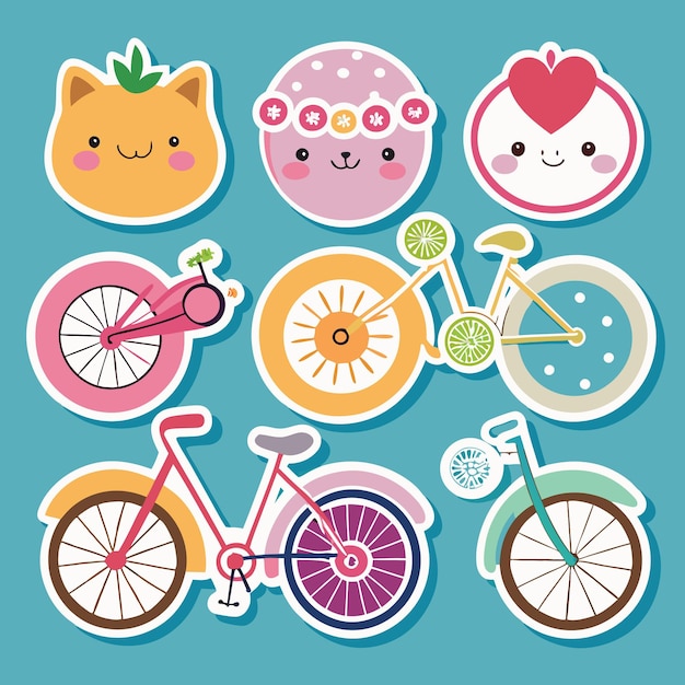 Cute Cartoon Stickers of Fruits Hearts and Bicycles on Blue Background