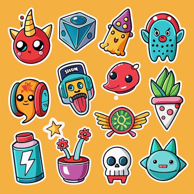 Vector cute cartoon stickers funny characters plants and objects