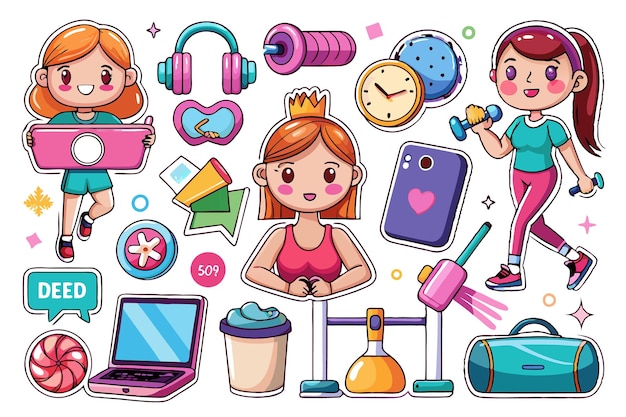 Vector cute cartoon stickers of girls doing fitness exercise and other daily activities with various objects