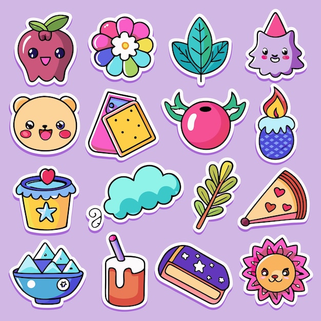 Cute Cartoon Stickers with Animals Food and Nature