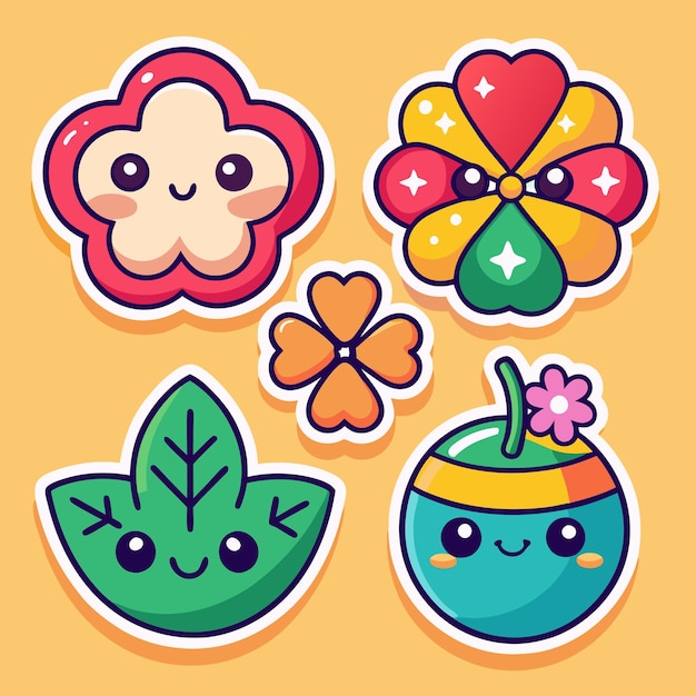 Vector cute cartoon stickers with flowers leaves and fruit