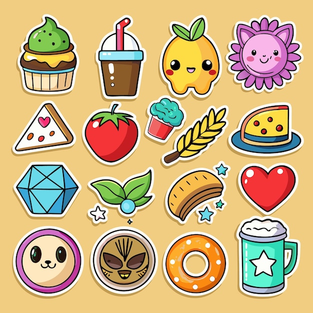 Vector cute cartoon stickers with food animals and objects