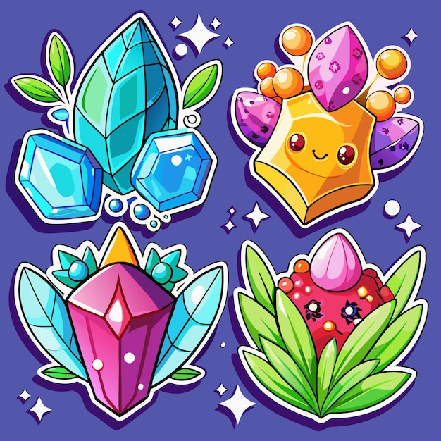 Vector cute cartoon stickers with gems stars and flowers