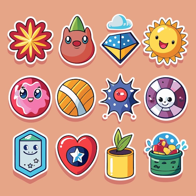 Cute Cartoon Stickers with Happy Faces and Bright Colors