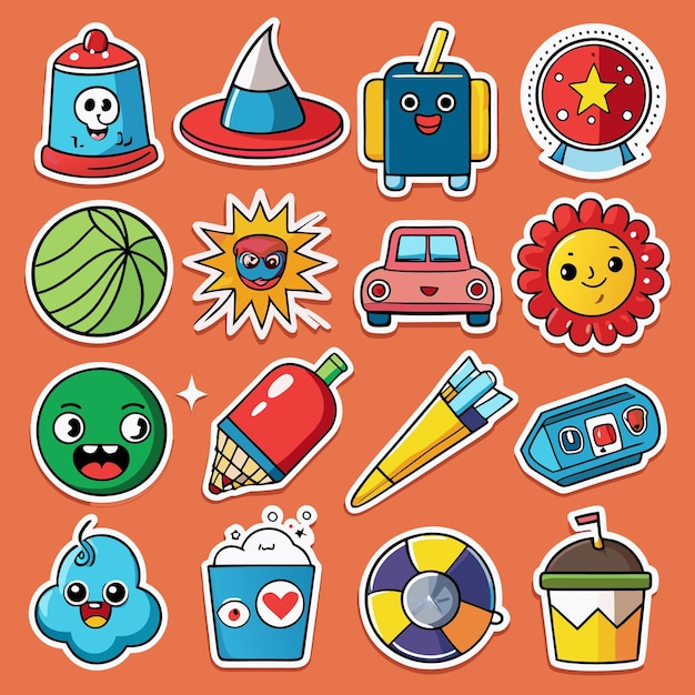 Vector cute cartoon stickers with happy faces and fun designs