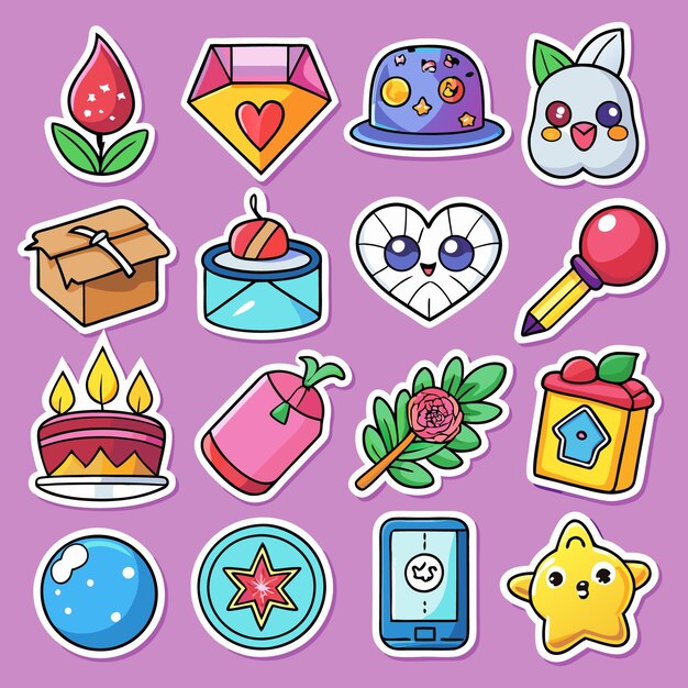 Vector cute cartoon stickers with heart star and flower designs