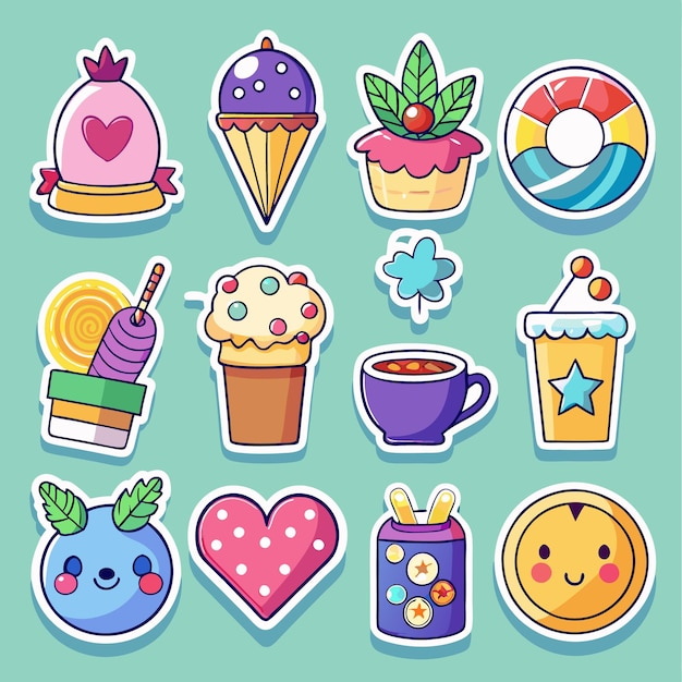 Cute Cartoon Stickers with Hearts Ice Cream Cupcakes and More