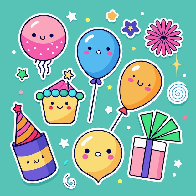 Vector cute cartoon stickers with party theme balloons gift cake and a party hat