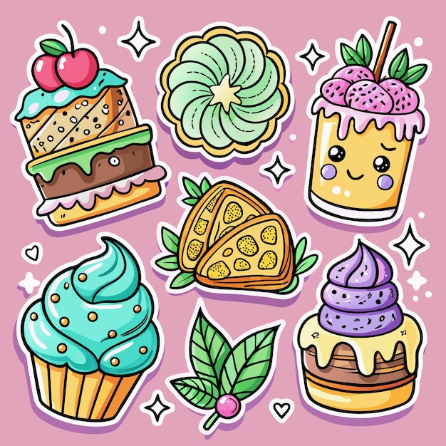 Cute cartoon stickers with various sweet desserts and a kawaii smoothie