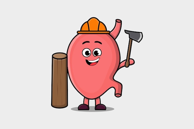 Cute cartoon Stomach as carpenter character with ax and wood in flat modern style