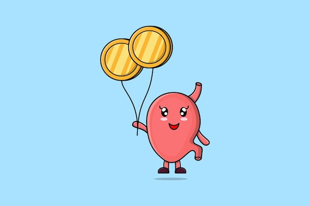 Cute cartoon Stomach businessman floating with gold coin balloon cartoon vector illustration