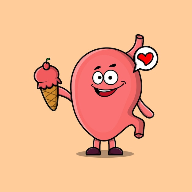 Cute Cartoon Stomach character holding ice cream cone in modern cute style illustration