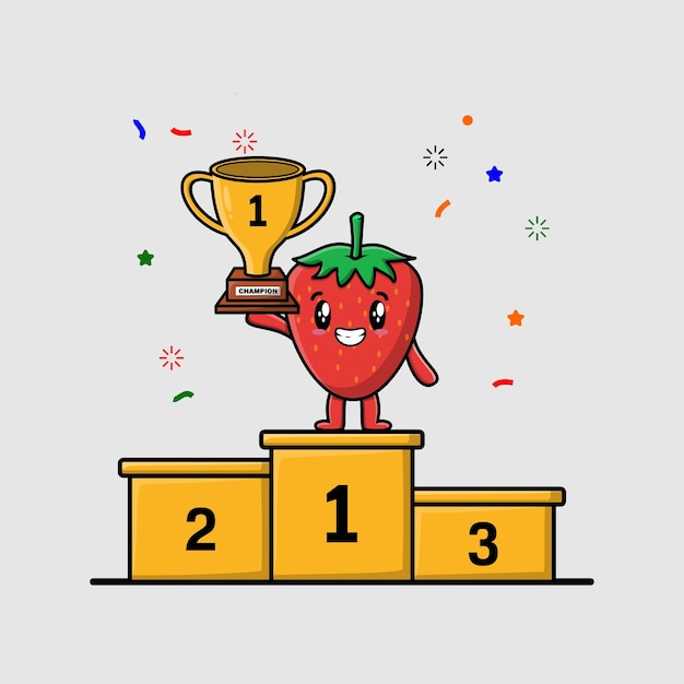 Cute cartoon strawberry as the first winner with happy expression in flat modern style design