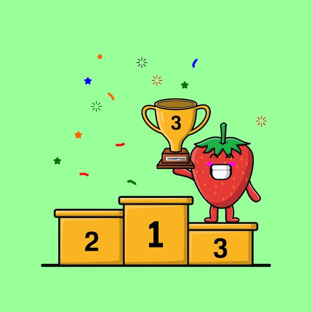 Cute cartoon strawberry as the third winner with happy expression in flat modern style design